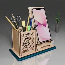 DIY Wooden Pencil + Phone Holder & Stand, Multifunctional Desktop Organizer, Office Supplies Storage, Self-Assembly Stand & Pen Holder - Pen Holder + Phone Stand In One - View 4