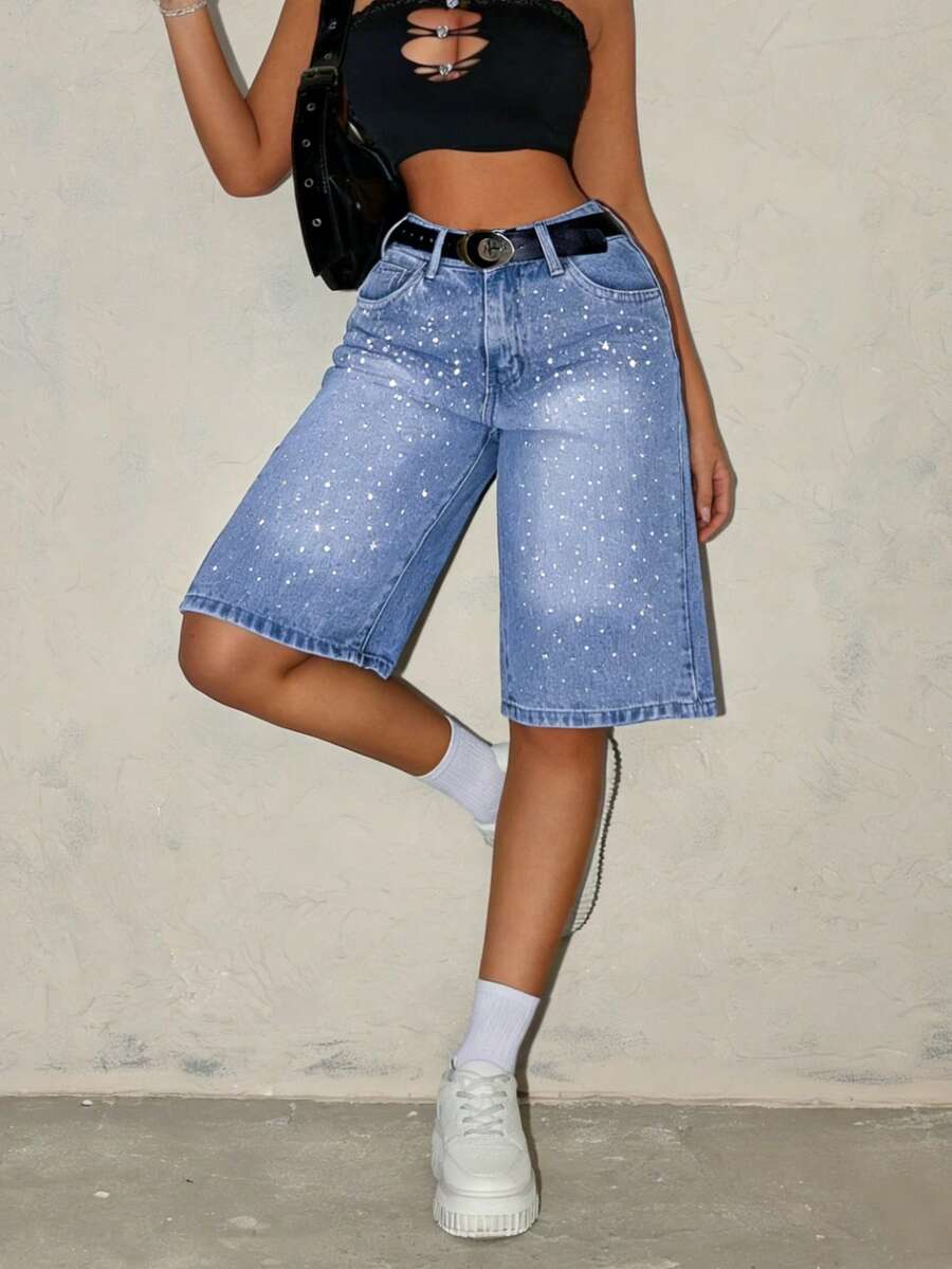 Quần short denim nữ mùa hè, kiểu dáng thường ngày, thích hợp cho các buổi tiệc tùng, lễ hội âm nhạc, thời trang gợi cảm, quần jean bó sát đi biển có túi, quần denim đính hạt chất lượng cao. - Rửa trung bình - Xem 1