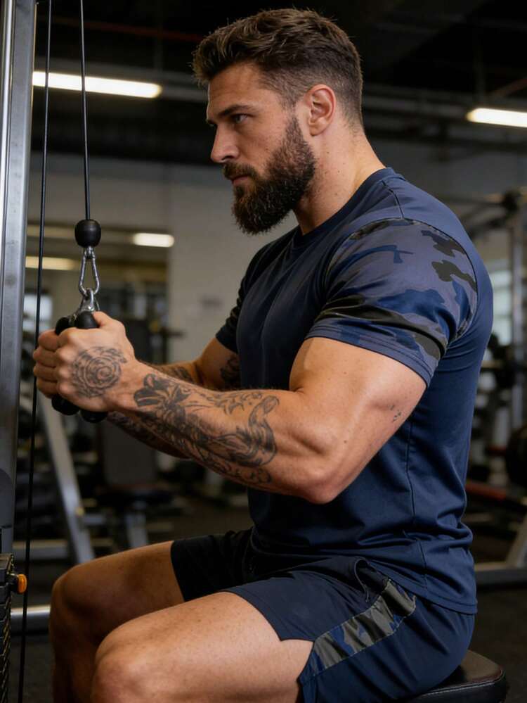 1件男士海军蓝迷彩拼接速干短袖T恤，透气修身户外健身运动服 - 寶藍色 - 查看 9