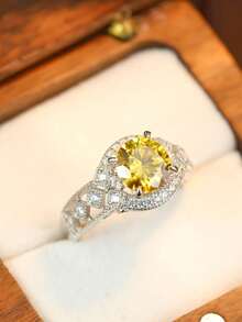 1pc S925 Silver Round Yellow Moissanite Ring, Luxury Vintage Pave Design, Warm Tone Shimmering Moissanite Exudes Elegance, Suitable For Formal Occasions, Parties, Gifting For Valentine's Day, Anniversary, Birthday - 銀色 - 查看 5