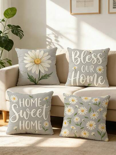 4pcs Spring & Summer Floral & Letter Print Pillow Covers (Pillow Insert Not Included), Home Decor Sofa Cushion Covers, Bedroom Headrest, Car Seat Pillow Covers, Room Decor