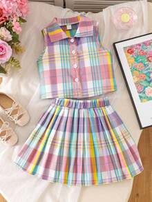 2 pièces/Ensemble Top sans manches à col montant et jupe plissée à carreaux multicolores doux pour filles en été, convient pour les vacances, les voyages, les photos de sœurs, les pique-niques en plein air, les événements à thème, les sorties décontractées - Multicolore - Voir 2