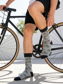 1 双男士灰黑色自行车图案中筒袜，适合日常穿着，四季皆宜。 - 彩色 - 查看 1