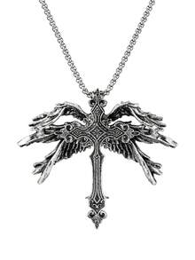 1 buah Kalung Salib Malaikat Bersayap Enam Bergaya Vintage, Kalung Sayap Salib Pedang Suci, Gaya Punk Gothic untuk Pria - Antique Silver - View 5