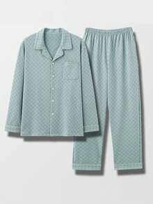 Snug League 男士透气吸汗格子长袖上衣和长裤家居服套装，春秋季、秋冬季服装 - 綠色 - 查看 4