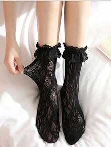 1 Pair Lace Top Mid-Calf Socks For Women, Cute Big Lace Trim, Stretchy Hollow Mesh Lolita Style Kawaii Socks - 黑色 - 查看 7