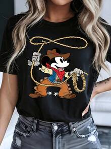Disney Womens Casual Cotton Mickey Mouse Cowboy Print Round Neck Short Sleeve T-Shirt - 黑色 - 查看 1