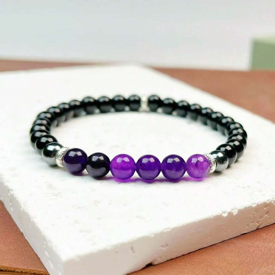 Vòng tay đá mã não đen tự nhiên và hạt cườm tím, thiết kế cổ điển thanh lịch dành cho cả nam và nữ, vòng tay năng lượng đa năng độc đáo. - Nhiều màu - Xem 1