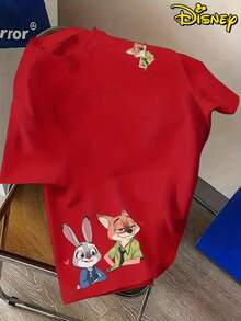 Disney Men'S Casual Zootopia Nick & Judy Print T-Shirt, A Comfortable CrewNeck Tee, Perfect For Everyday Streetwear, A Summer Essential - 紅色 - 查看 1