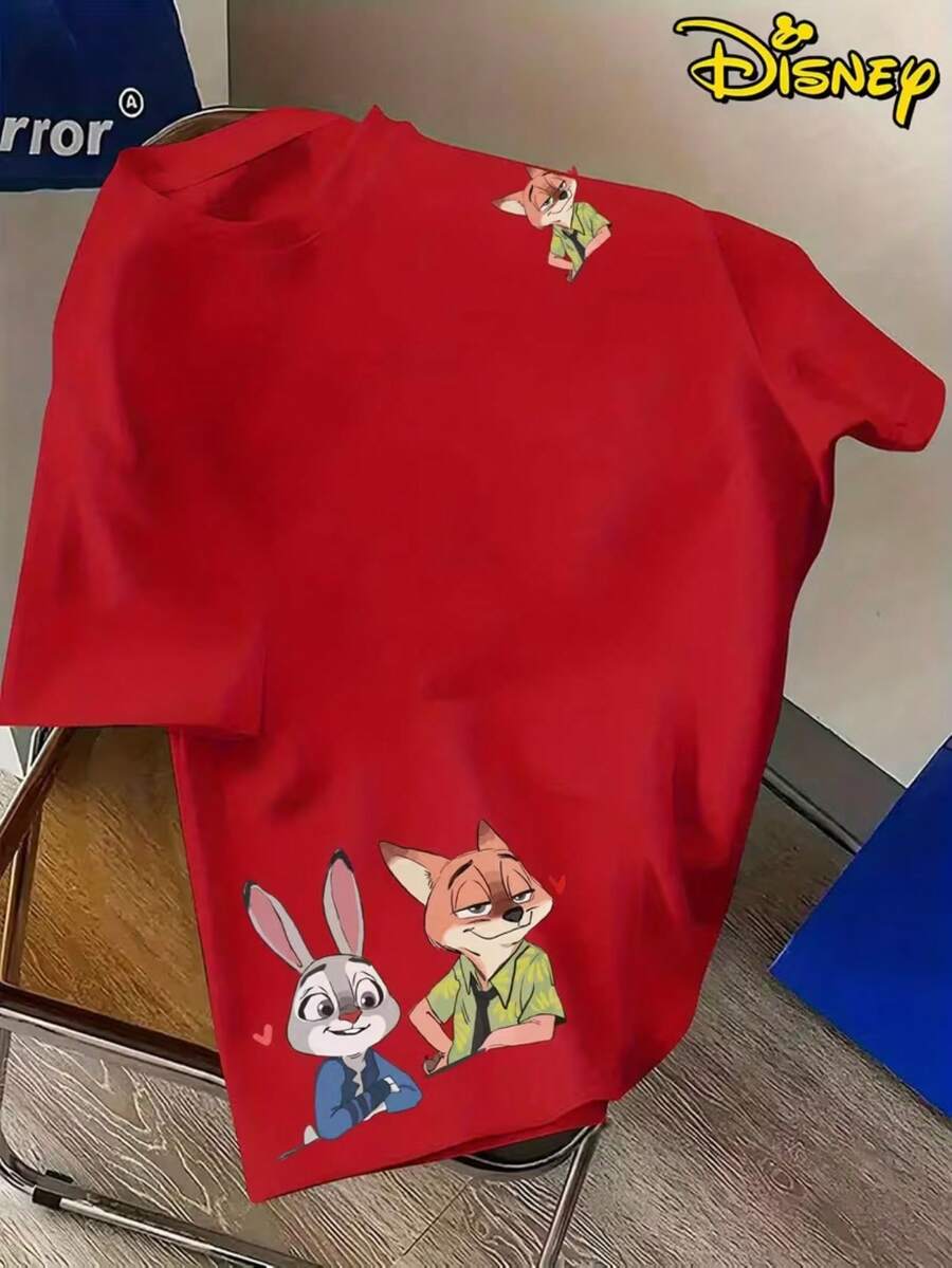 Disney Men'S Casual Zootopia Nick & Judy Print T-Shirt, A Comfortable CrewNeck Tee, Perfect For Everyday Streetwear, A Summer Essential - 紅色 - 查看 1