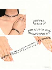 Y2K Fashion Retro 90s Gothic Style Necklace, Bracelet, Ring Set, Colorful Black, Suitable For Women And Girls Daily Wear - Multicolor - View 6