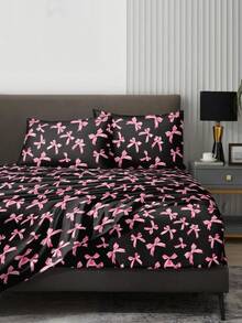 4件套粉色蝴蝶结图案床单套装，易于打理的超细纤维柔软床上用品套装，花卉图案床笠套装（1张床单+1张床笠+2个枕套），床笠套装，适用于特大号、大号、标准双人床、单人床尺寸，床笠深口袋设计，枕套最大可达11.8英寸，柔软透气，不易起皱，更有利于睡眠，奢华酒店风格，送给父母、朋友的礼物，甜美少女风 - 黑色 - 查看 4