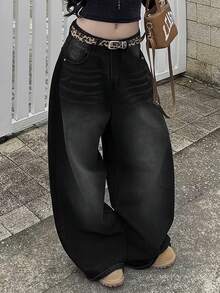 少女时尚阔腿休闲牛仔裤 - 黑色 - 查看 4