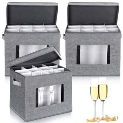 Norme - Paquete de 3 cajas de almacenamiento para copas de vino con divisores 12 compartimentos caja de almacenamiento de vajilla de champaña con mango de tapa ventana organizador de contenedores