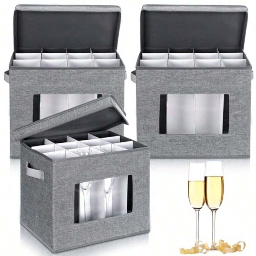 Norme - Paquete de 3 cajas de almacenamiento para copas de vino con divisores 12 compartimentos caja de almacenamiento de vajilla de champaña con mango de tapa ventana organizador de contenedores - Gris - Ver 1