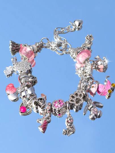 1pc Mother's Day Commemorative Charm Bracelet, Featuring Charms Of Little Girl, Unicorn, Mom & Cat Pet, Bear, Baby Stroller, Cat Paw Beads, Adjustable