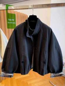 Áo khoác cổ đứng kiểu châu Âu mới về năm 2025 dành cho nữ, kiểu dáng rộng rãi, thoải mái, có lớp lót kẻ sọc, áo gió ngắn màu đen. - màu đen - Xem 7