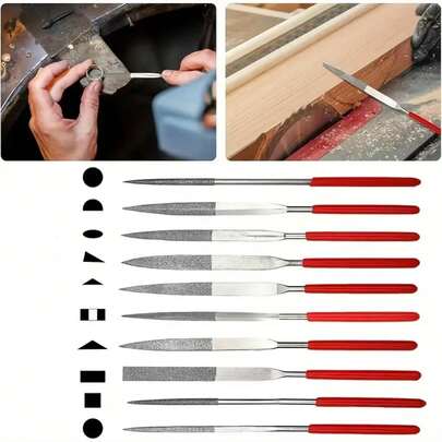 5pcs/10pcs Diamond Mini File Set, Precision Craft Files, 140mm/5.5 Inch, Suitable For Ceramic, Wood, Jewelry Polishing, Carving And Small Projects, Convenient File Tools With Red Handles