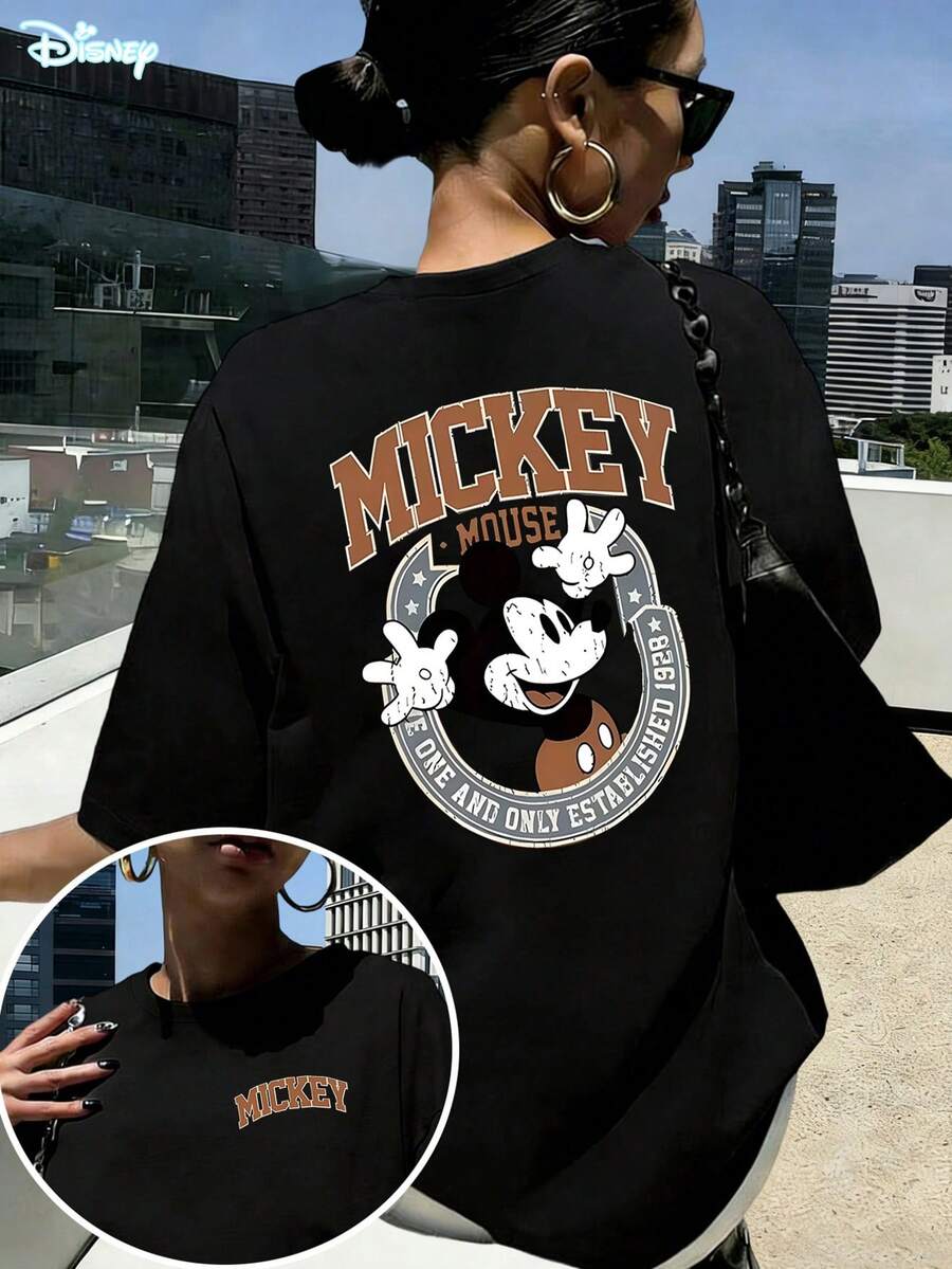 Disney Loose Retro Badge Style "MICKEY MOUSE" Front And Back Printed T-Shirt, Suitable For Summer And Spring, Short Sleeved Top, Women's Clothing, Holiday Gift Party Clothing. - màu đen - Xem 1