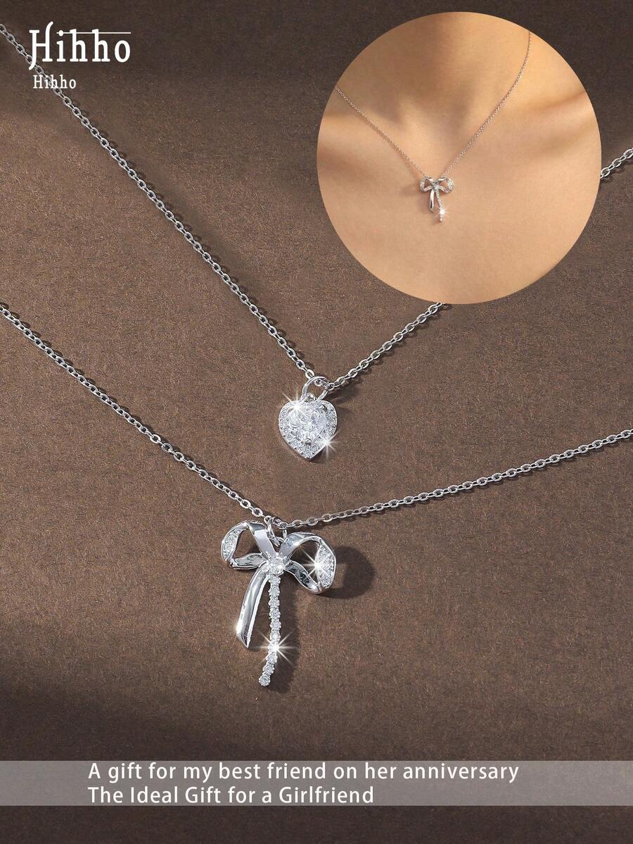Hihho 2pcs Luxury Style Heart & Bow Layered Necklace, Gentle Commuting Jewelry - Heart-shaped Bow - View 1
