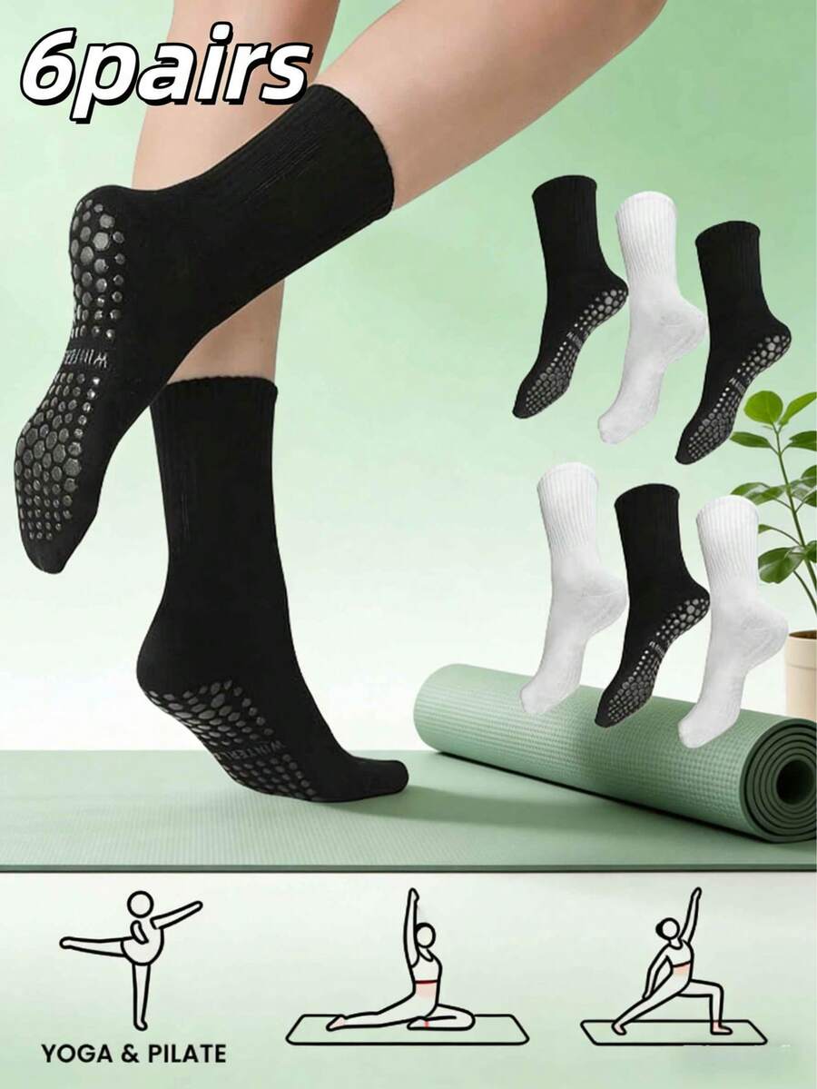6双装女士瑜伽中筒袜，防滑袜，适用于女士瑜伽和芭蕾舞，瑜伽防滑袜，粘性袜，健身医院袜 - 彩色 - 查看 1