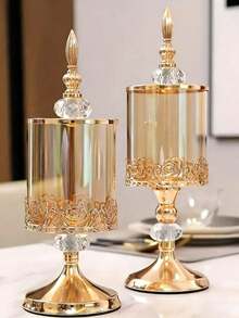 1pc Luxury Glass Candy Storage Jar, European Style, Kitchen Living Room Wedding Decor Container, Suitable For Nuts, Snacks, Fruits And Other Home Food Storage, Airtight Food Dispenser Display Jar - Gold - View 6
