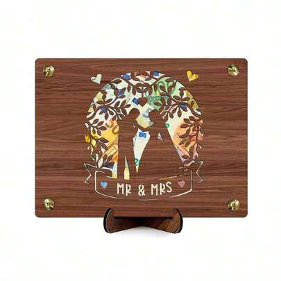 1个木质新婚夫妇心形零钱盒，婚礼现金礼盒，现金礼品包装盒，婚礼及生日装饰钱夹