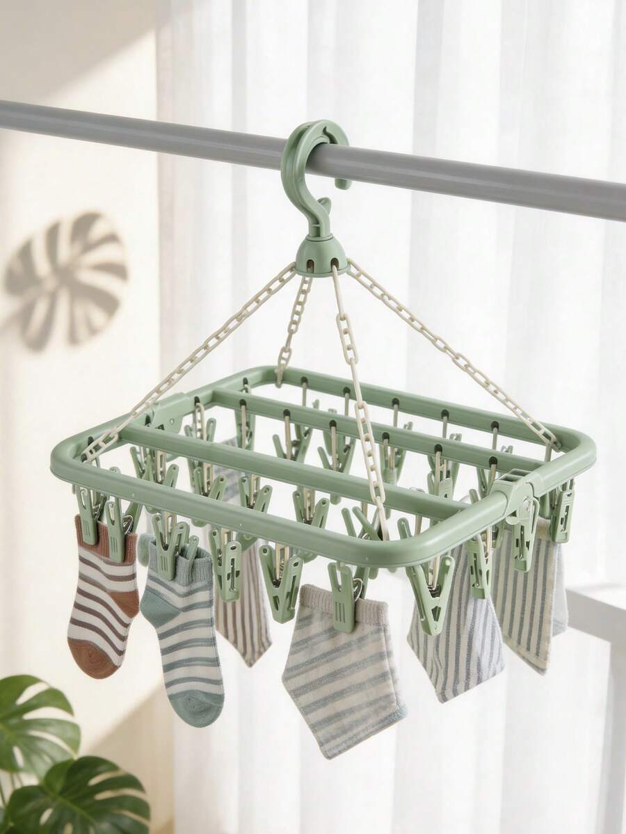 1 件装晾衣绳，带 32 个夹子和可折叠塑料晾衣架，适用于晾晒衣物、内衣、袜子 - 薄荷綠 - 查看 1