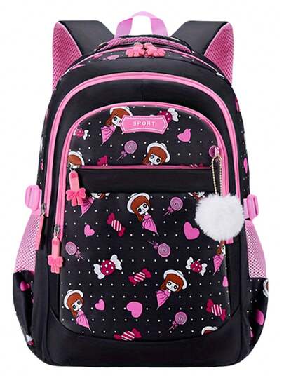1个卡通背包，可爱书包，带绒球挂件，轻便户外旅行背包，可装15.6英寸笔记本电脑，可爱日常背包，返校好礼