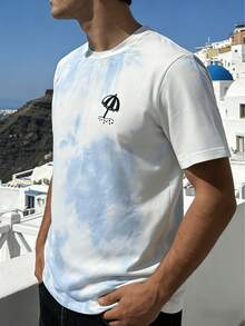 扎染度假风短袖T恤，新款夏季简约百搭圆领上衣，休闲通勤及度假穿搭 - 藍白色 - 查看 3