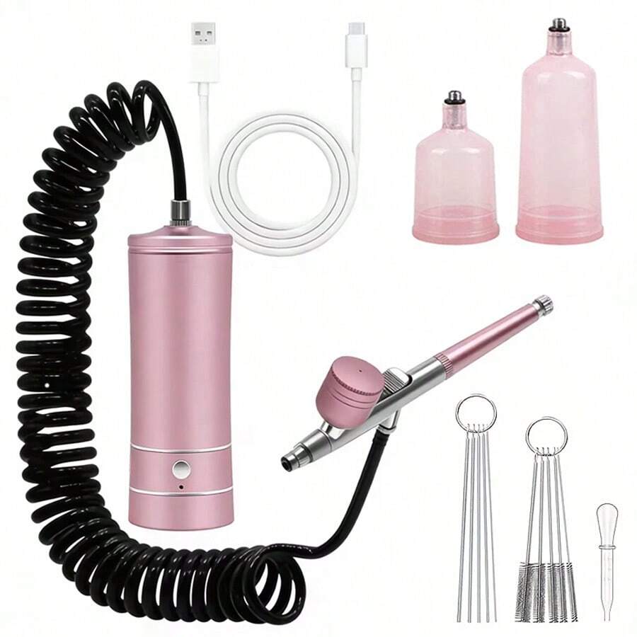 A Set Of Airbrush Kit With Compressor, Handheld Airbrush With Extension Tube, 0.3mm Nozzle, Rechargeable Portable Airbrush, Suitable For Painting, Nail Art, Hairdressing, DIY, Model Coloring, Makeup, Women's Holiday Gift