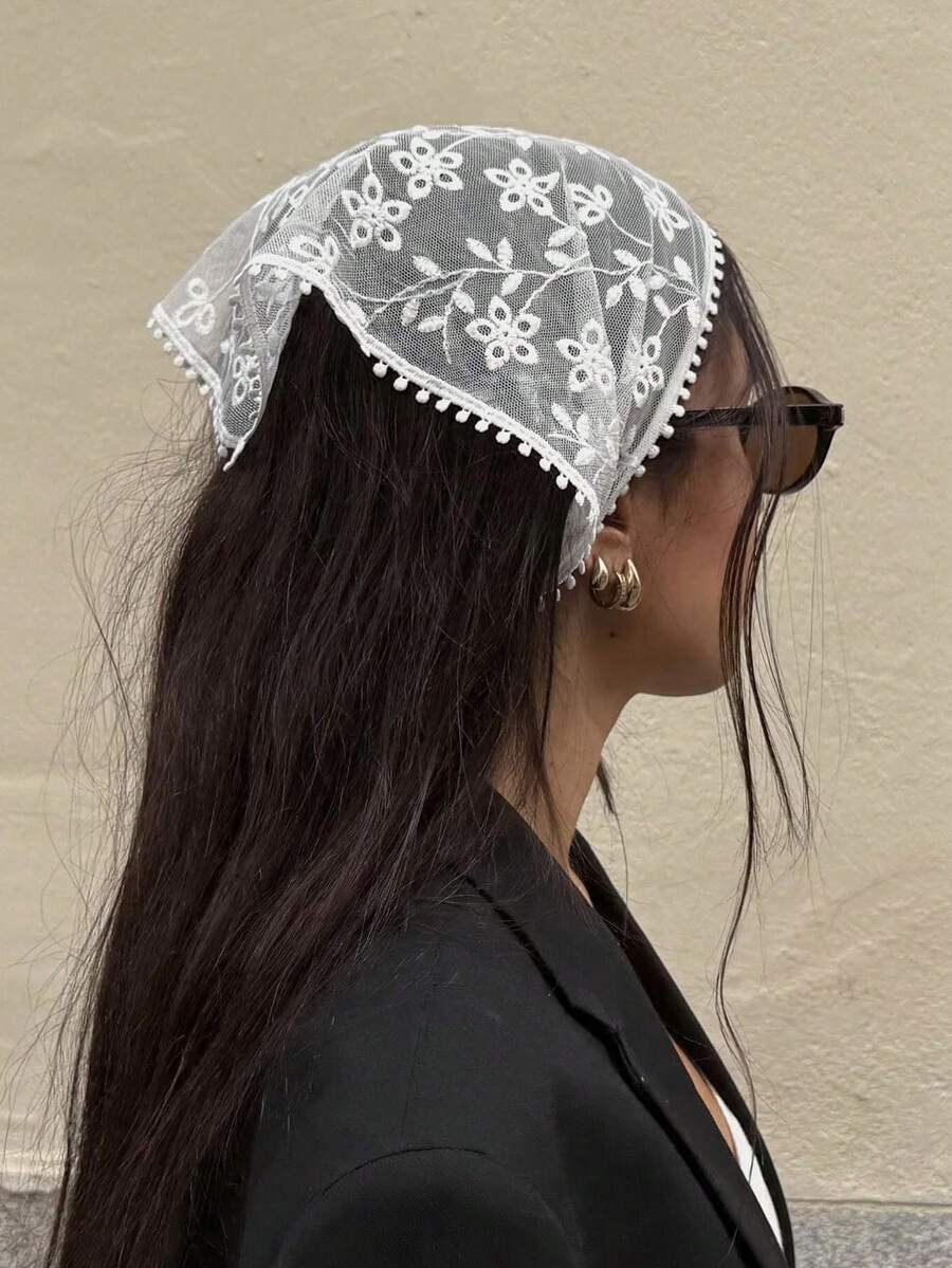 1pc Y2K White Knitted Floral Lace Embroidered Triangle Scarf Fashion Bandanas For Women , Hairband. Fashion Hair Accessories,Summer Headband - Multicolor - View 1