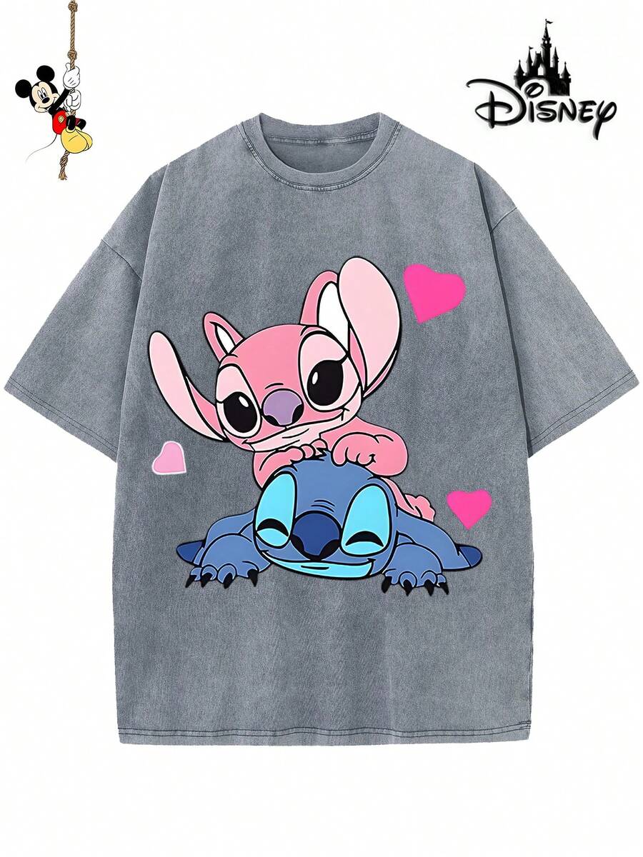 Disney-Licensed Men's Cotton T-Shirt For The 2026 Family Holiday. Featuring A Stitch Motif, Washed Crew Neck, Soft And Comfortable Feel, Easy Care And Suitable For Various Occasions Such As Holidays, Everyday Life And Commuting – Full Of Festive Spirit. - 灰色 - 查看 1