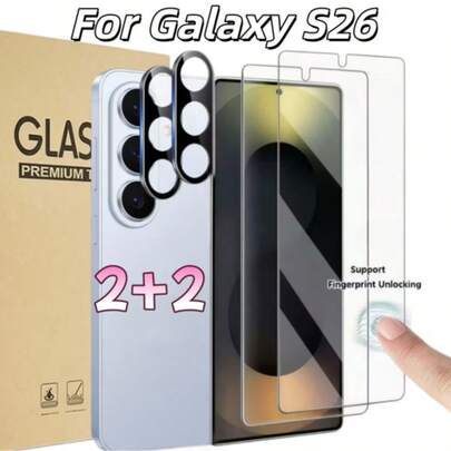 4pcs/Set, Includes 2pcs High-Definition Clear Tempered Glass Screen Protector + 2pcs Camera Lens Protector For Samsung Galaxy S26/S26 Plus/S26 Ultra, Featuring Anti-Shatter Technology, 9H Hardness, High Clarity, Smooth Touch, Compatible With Phone Cases, Bubble-Free Application, Easy Installation, Ultra-Sensitive For Fingerprint Unlock, Full Screen Coverage