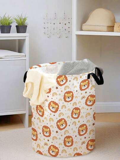 1pc Cartoon Bear Print Foldable Round Storage Basket With Handle, Large Capacity Multi-Purpose Storage Bin For Nursery, Baby Diaper, Clothes, Toys Organization