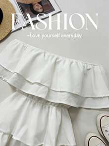 Plus Size Solid Color Ruffle Layered Ruffled Hem Sexy Off-Shoulder Jumpsuit, Spring/Summer White - White - View 4