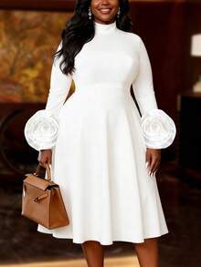 Plus Size Women's Elegant White Mid-Length Dress, High Neck Long Sleeve, 3D Floral A-Line Skirt, Suitable For Wedding Guests, Formal Occasions Spring - 白色 - 查看 1