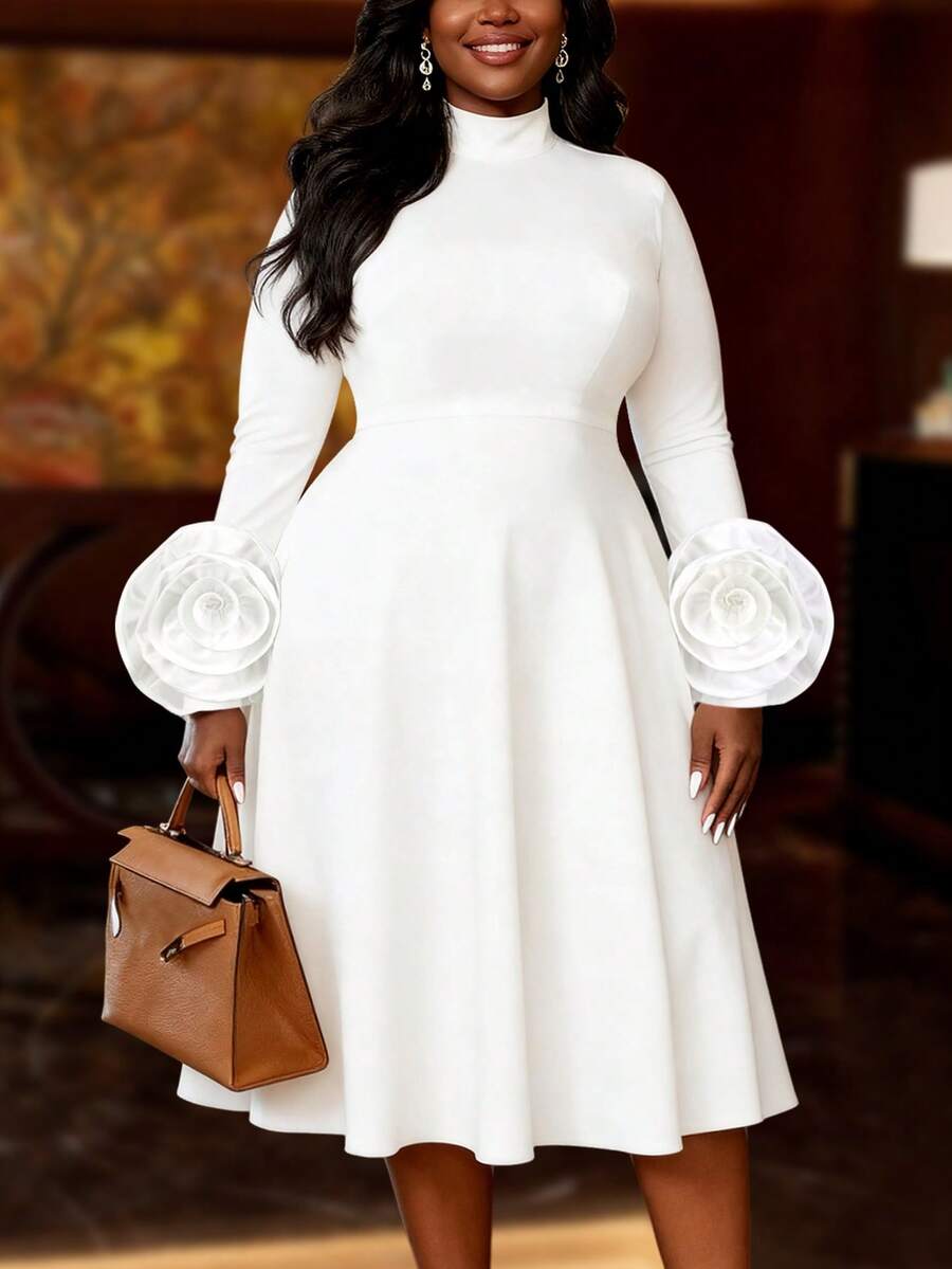 Plus Size Women's Elegant White Mid-Length Dress, High Neck Long Sleeve, 3D Floral A-Line Skirt, Suitable For Wedding Guests, Formal Occasions Spring - 白色 - 查看 1