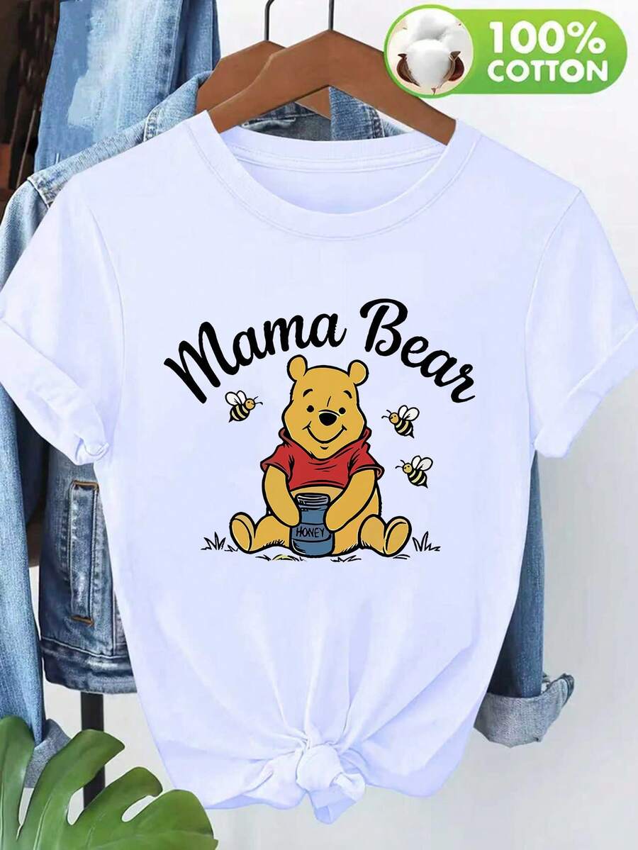 Disney Winnie The Pooh Honey Pot Print, Women's Pure Cotton T-Shirt, Comfortable And Casual Short-Sleeved Top/Shirt For Summer, Suitable For Family Wear, Casual Wear, Breathable Material.Made From Soft, Comfortable, And Durable Pure Cotton, This Is An Ideal Choice For Spring And Summer. This Crew Neck T-Shirt Is Suitable For Various Occasions, Including Everyday Wear, Shopping, Parties, Travel, And Gatherings, And Also Makes A Thoughtful Gift. - trắng - Xem 1