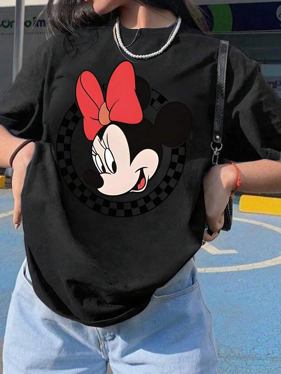 Disney Womens Casual Cotton Minnie Mouse Print Short Sleeve Regular Fit Round Neck T-Shirt - màu đen - Xem 1