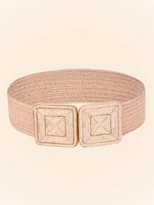 1 pieza Cinturón cuadrado de mujer trenzado de ratán con hebilla de metal y paja tejida de PP, estilo bohemio para verano, escuela, otoño, Halloween - Caqui - Ver 17