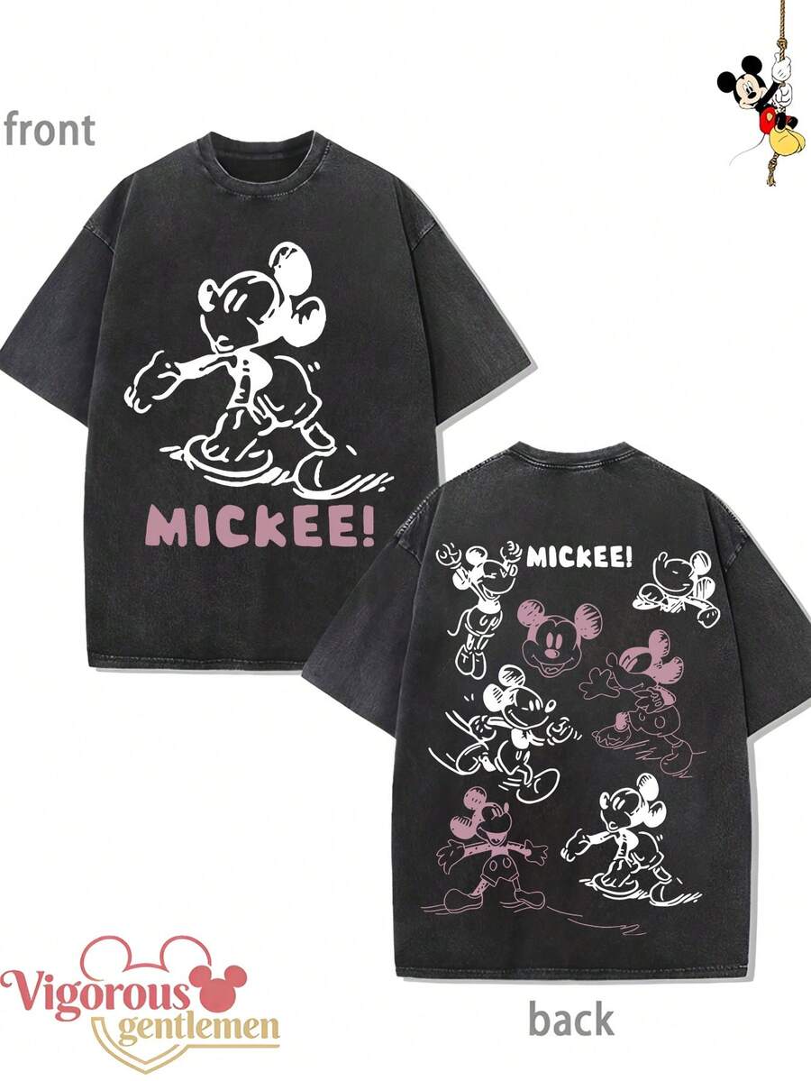 Disney Skeleton pattern T-shirt, summer clothing, vintage washed, 230g T-shirt - Negro - Ver 1