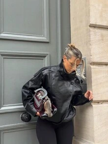 女士休闲前扣口袋夹克，时尚纯色口袋细节外套，适合秋冬季节穿着，黑色/春季款 - 黑色 - 查看 4