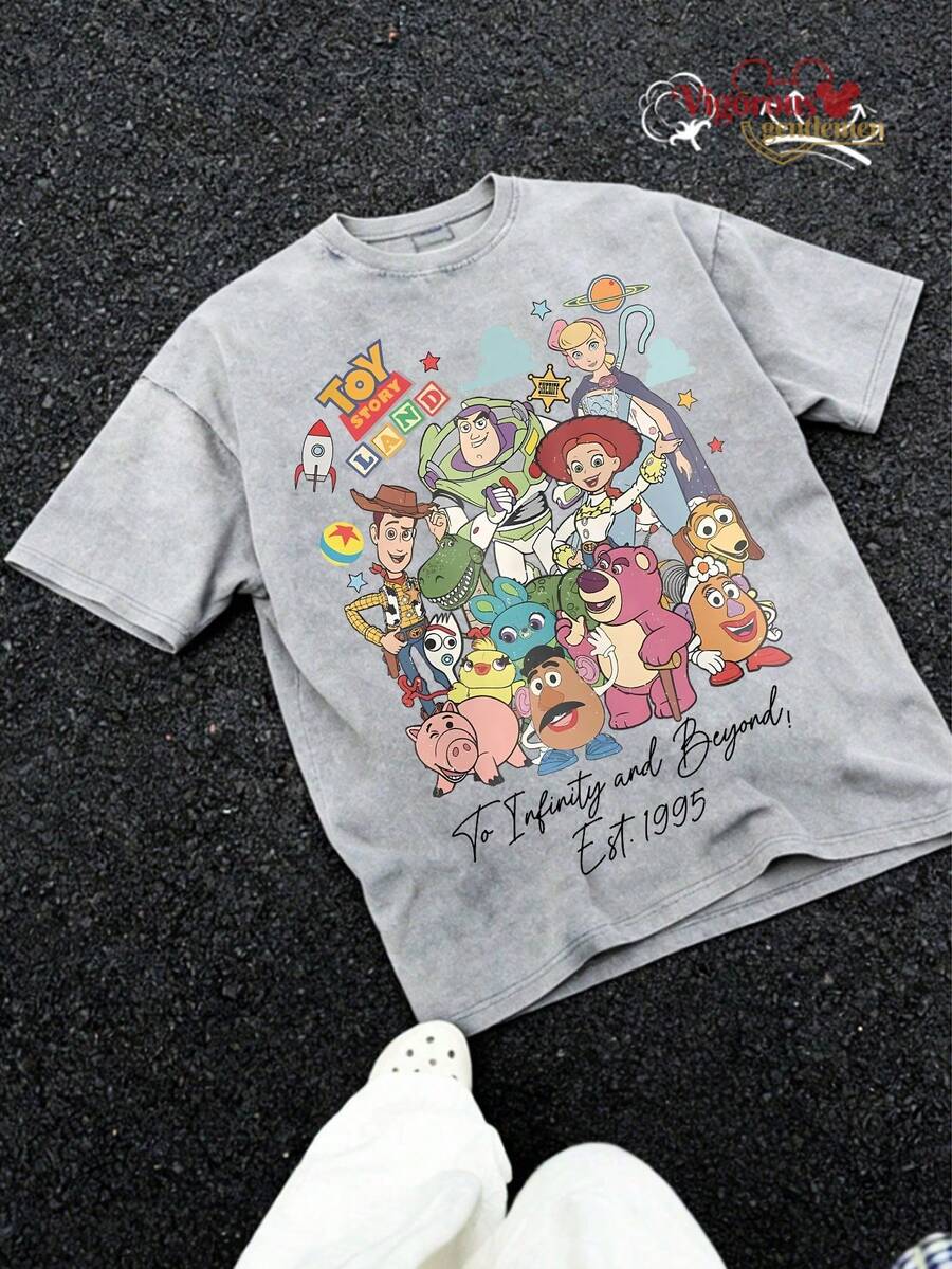 Disney Group Photo Retro Graphic T-Shirt, Summer Vintage Washed 230g Heavyweight Short Sleeve - Grey - View 1