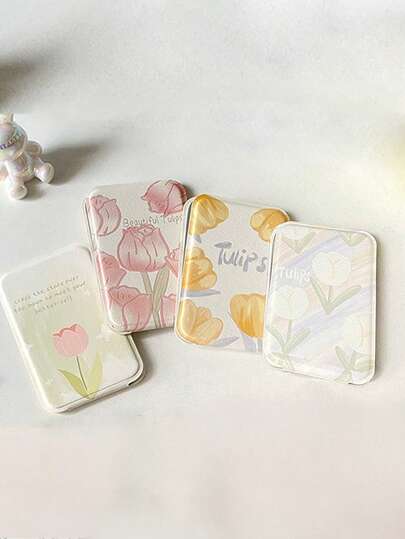 1pc Square Spring Tulip Pattern Foldable Makeup Mirror - Clear Mirror Surface - Women's Makeup Mirror - Teen Girl Mirror - Foldable Portable Desktop Makeup Mirror - PU Leather - In Style And Portable - High Definition - Modern - Foldable - Portable - Outdoors Use - Carryable