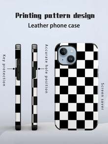 1个格子图案手机壳，时尚简约奢华格子元素UV印花超细纤维皮革软壳保护套，格子防摔耐磨，兼容 11/12 Pro/13/14 Plus/15 Pro Max/16 Pro Max - 黑與白 - 查看 2