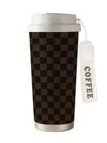 1pc 18oz Stainless Steel Insulated Travel Mug. Brown Plaid Themed Print. Comes With Hand Strap. Comes With A Straw. Outdoor Cup. Travel Mug. Coffee Cup. Birthday Gift. Christmas Gift. Halloween Gift. - Multicolor - View 6