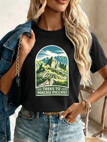 Maglietta da donna con grafica Machu Picchu, primavera, 100% cotone, vestibilità comoda, street hip-hop, traspirante - nero - Visualizzare 1
