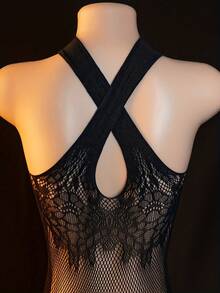 女士蕾丝连体袜，性感渔网内衣，浪漫睡衣 - 黑色 - 查看 6