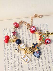 1条“爱自己”字母吊坠手链，1条深色十字架樱桃手链，1条星星女孩樱桃手链，1条宗教十字架手链，1条心形樱桃手链 - 金色 - 查看 5